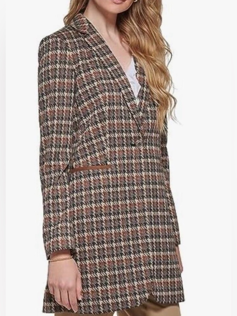 Tommy Hilfiger Plaid Houndstooth Blazer w Faux Leather Pocket Trim Size:6 NWOT - Picture 3 of 16